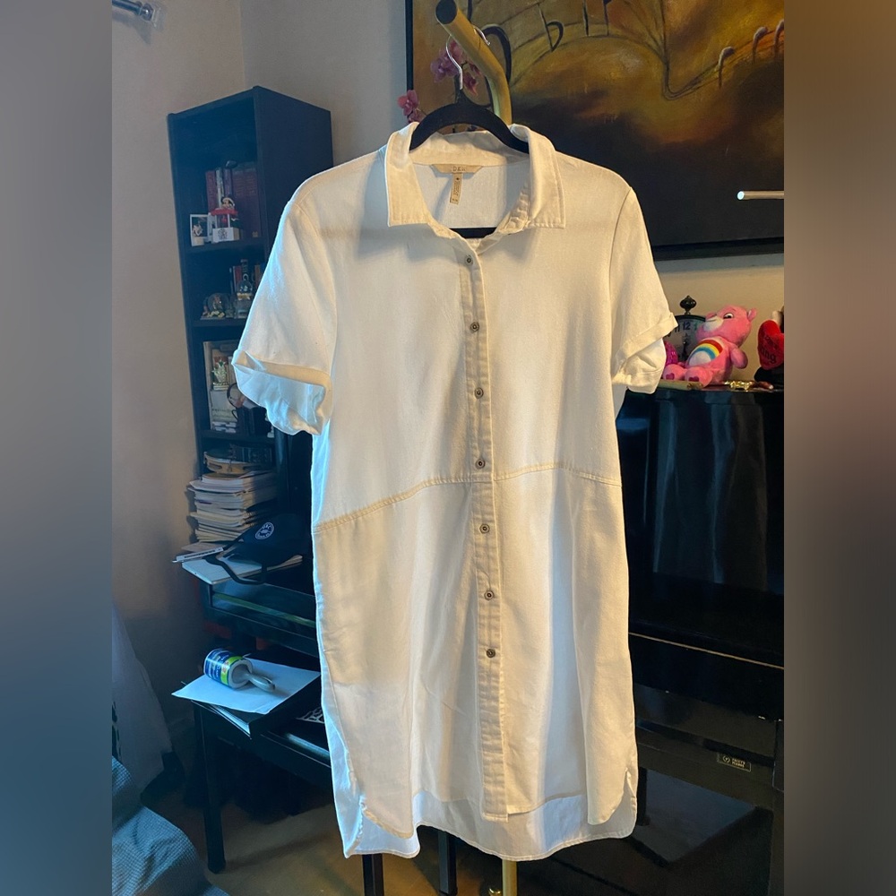 Women's White High-Low Button-Front Linen Blend Shirt Dress